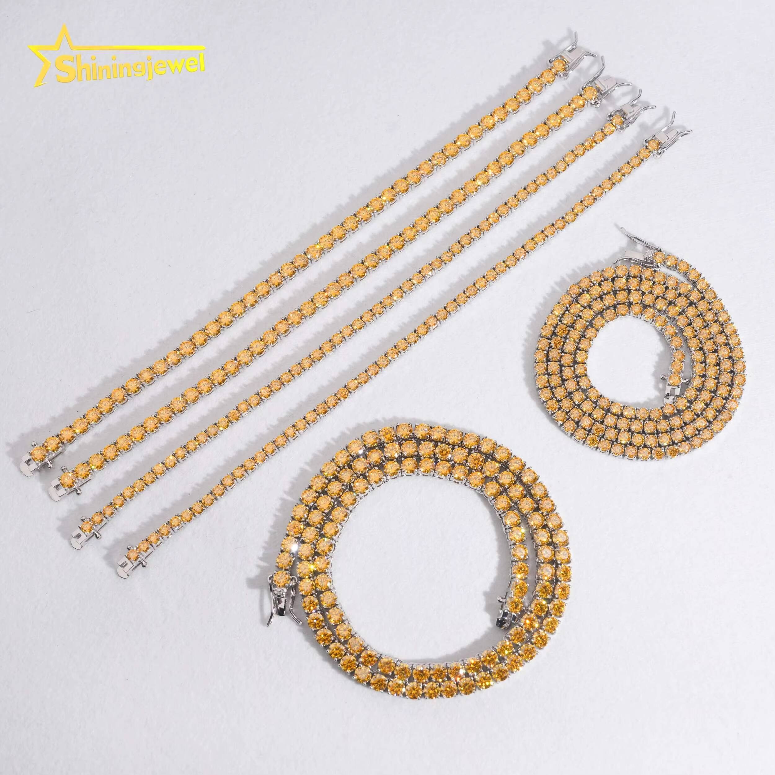 New Arrival 3mm 4mm Yellow Gold Moissanite Diamond Tennis Necklace 925 Silver Fashion Jewelry Hip Hop Tennis Chains Bracelet