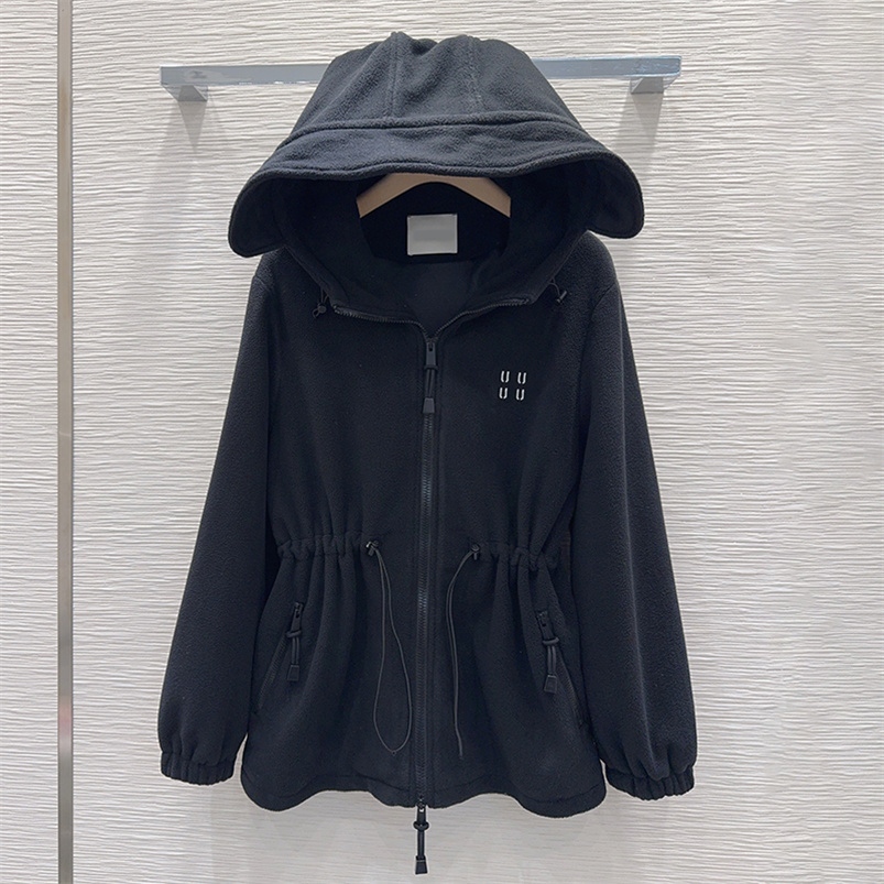 Luxury Hooded Fleece Jackets For Women Designer Waist Drawstring Long Sleeve Coat Autumn Winter Trip Vacation Stylish Hoodies Outerwear