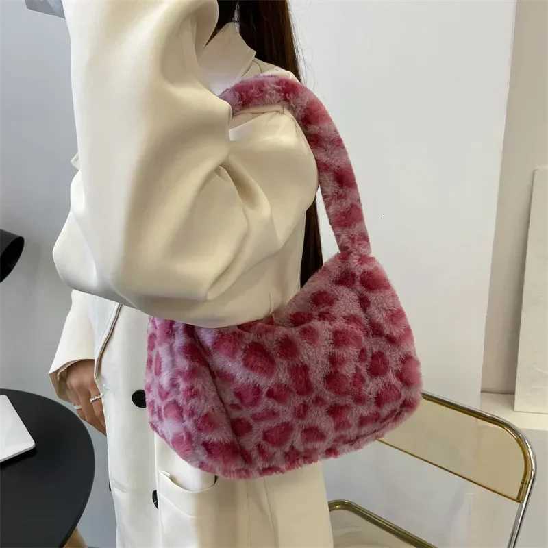 Y2k Korean Plush Retro Leopard Print Bags for Women Underarm Bags Leopard Zebra Pattern Fluffy Tote Bags Small Purses HandbagsW251028