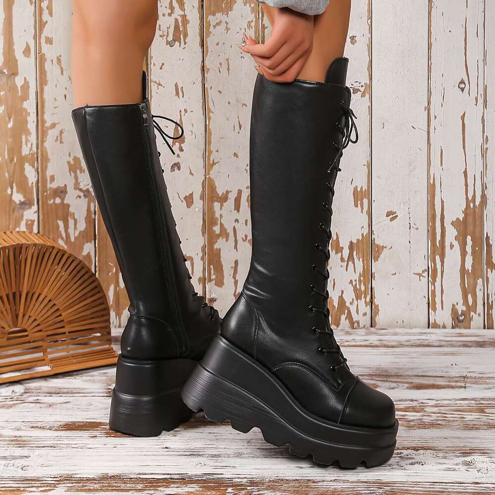 1Pr Women's All-Season Casual Mid-Calf Boots - Solid Color, High Platform Wedge, Side Zipper, Plain Toe, Rubber Sole, Fabric Insole, Man-Made Upp