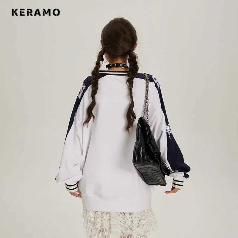 American Vintage Letter Print Fashion Casual Long Sleeve Sweatshirts 2024 Autumn Winter Womens Retro Loose VNeck Patchwork Top J251028