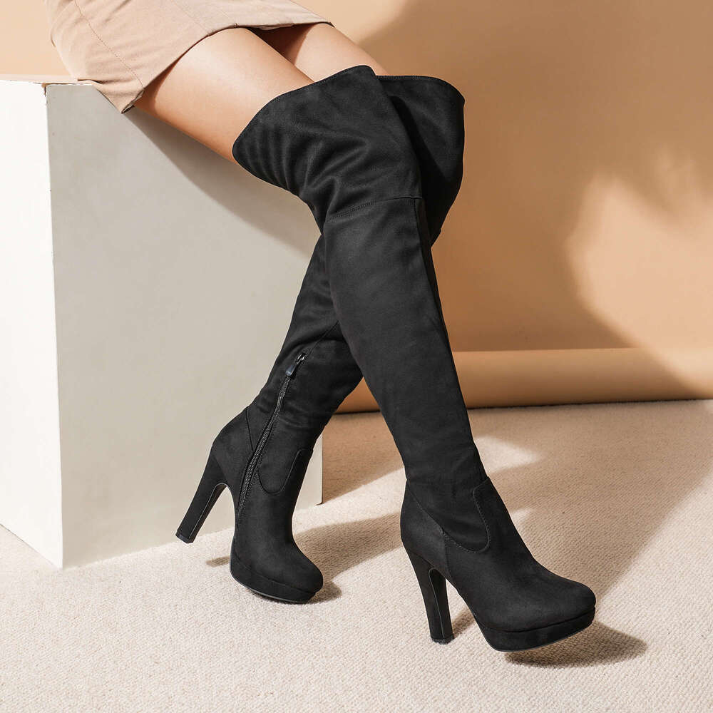 DREAM PAIRS Women's Black Chunky Thigh Over The Knee High Heel Boots