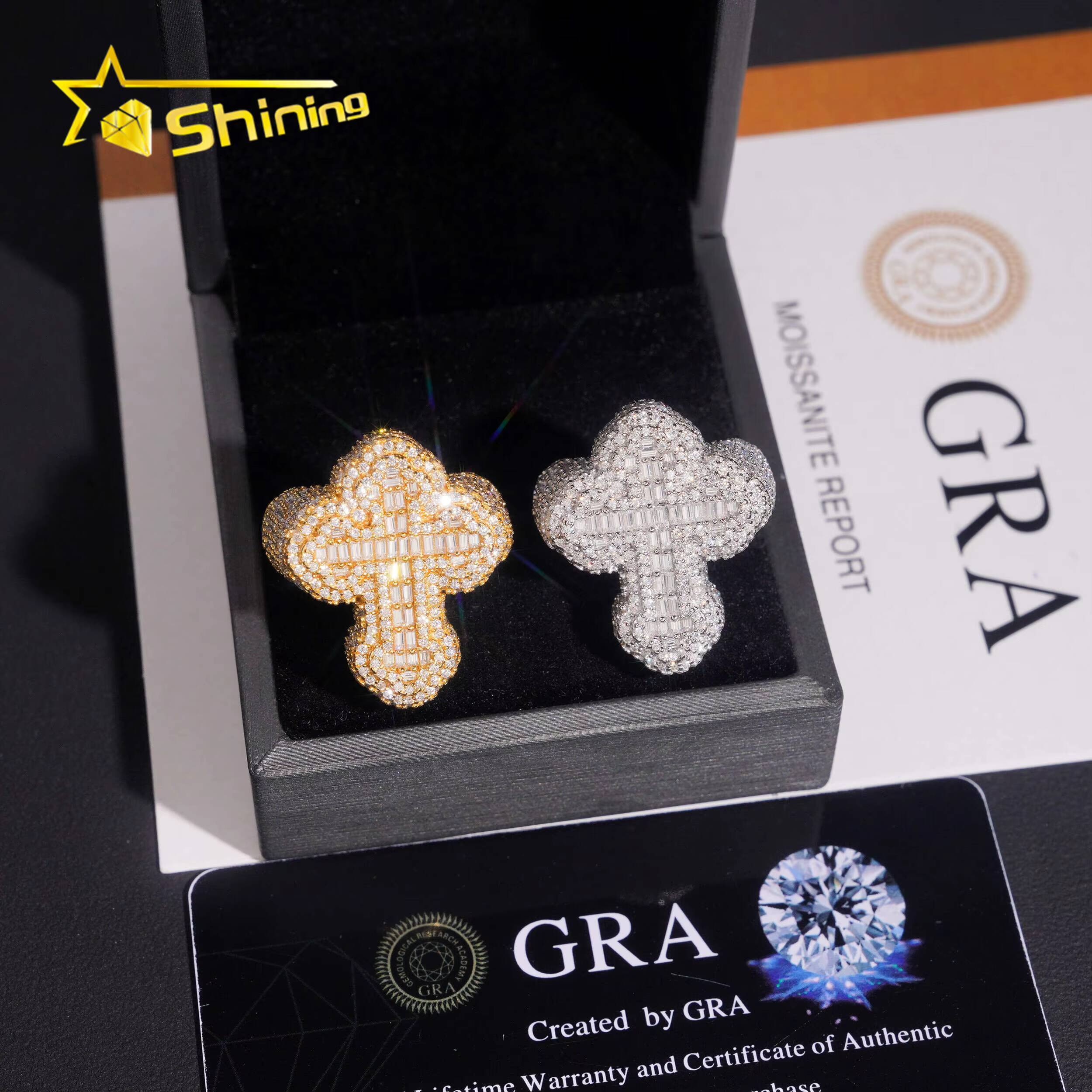 Baguette Moissanite Iced Out Cross Ring GRA Moissanite 925 Sterling Silver Gold Plated Hip Hop Mens Rings New in Stock