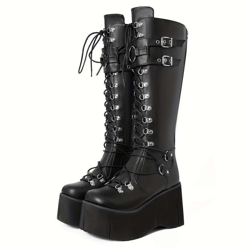 Y2k Gothic Women's Round Toe Lace Up Buckle Straps Metal Eyelet Thick Sole Rock Concert Cosplay Street Combat Boots