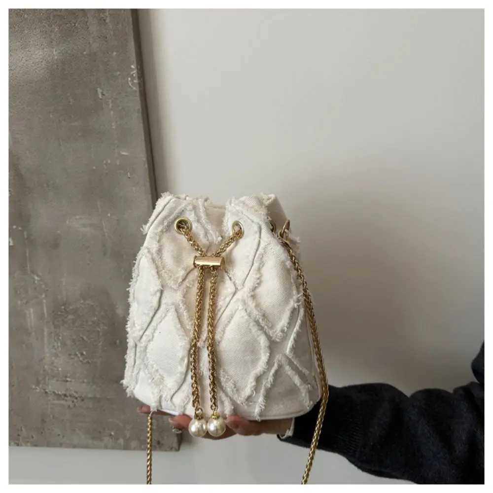 Portable Pearl Denim Bucket Bag Chain Small Purse Tassel Denim Crossbody Bag Korean Style Handbag Cloth Shoulder Bag PartyW251028