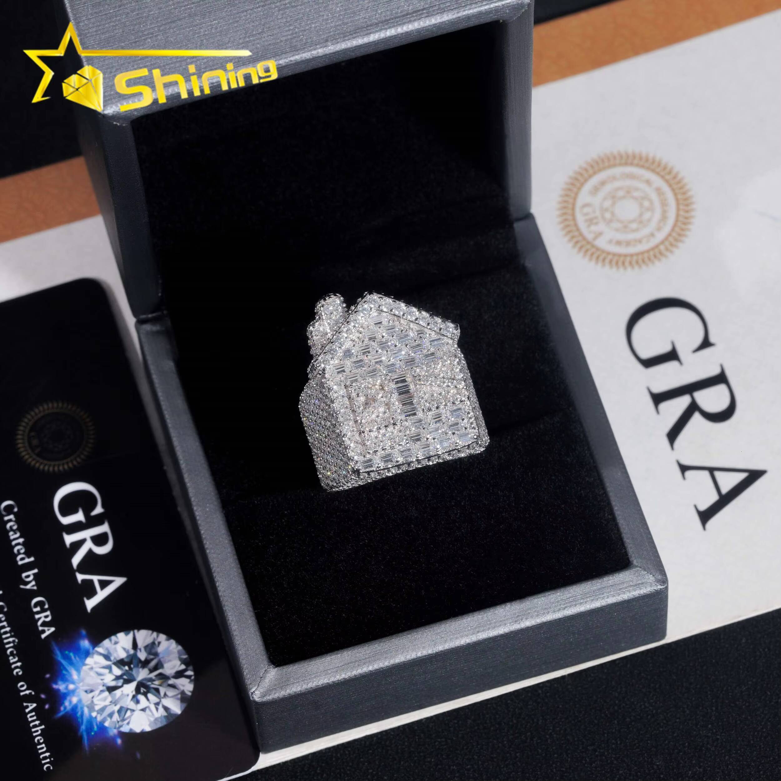 Luxury Rappers Hip Hop Jewelry Gold Plated Solid Inside 925 Sterling Silver Fully Iced Out Traper House Moissanite Ring