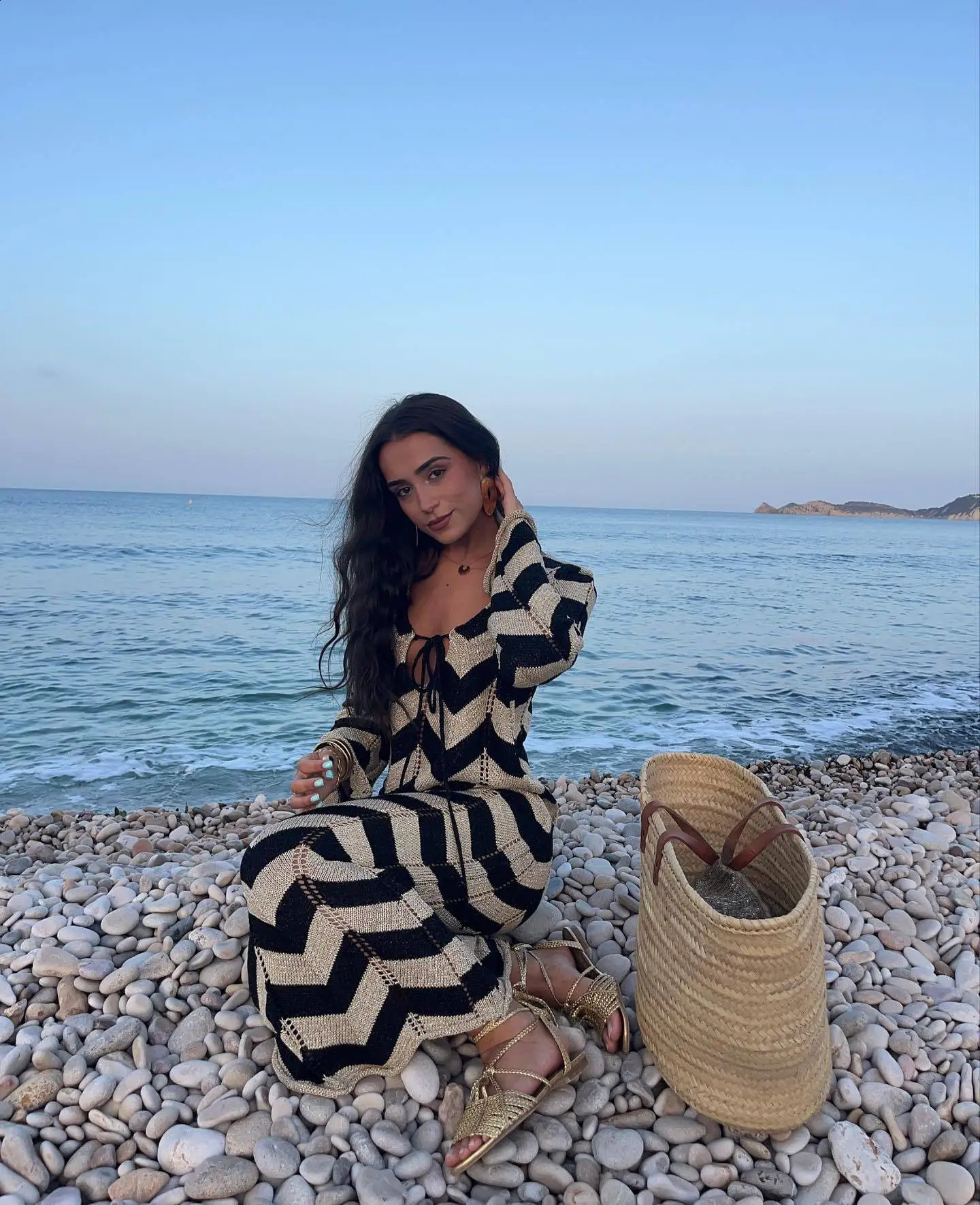 DRC Womens Stripled Long Sleeve Slim Elegant Knitted Maxi Dress V Neck Autumn Lace Up Hollow Sexy Beach Cover Up Dress 251027