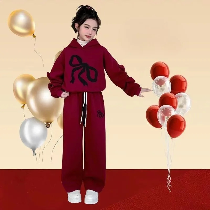 Fleecelined Top Pants 2Piece Set Hoodies Bow Girls Outfits Childrens Clothing Korean Kids Clothes 11 12 Years Girl 10 Old 251027