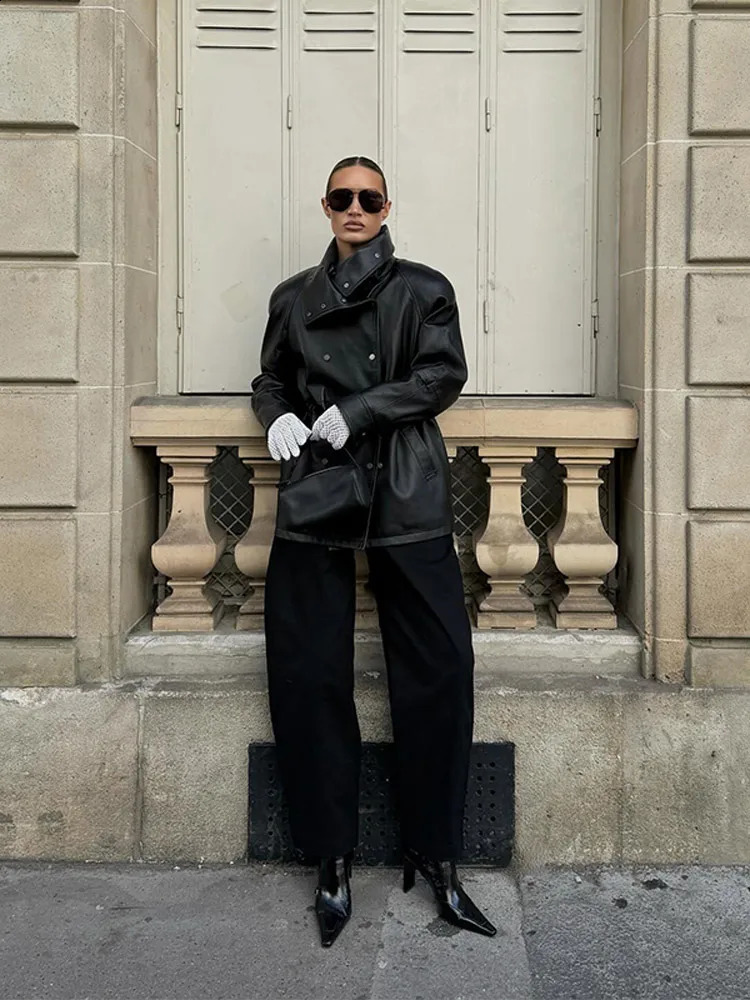 Women Fashion Black Leather jacket Double slim fit stand up collar Coat 2025 Autumn High Street Outfits Womens jackets 251027