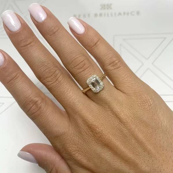 Customized Engagement Ring 10K Gold Emerald Cut Moissanite Halo Diamond Ring