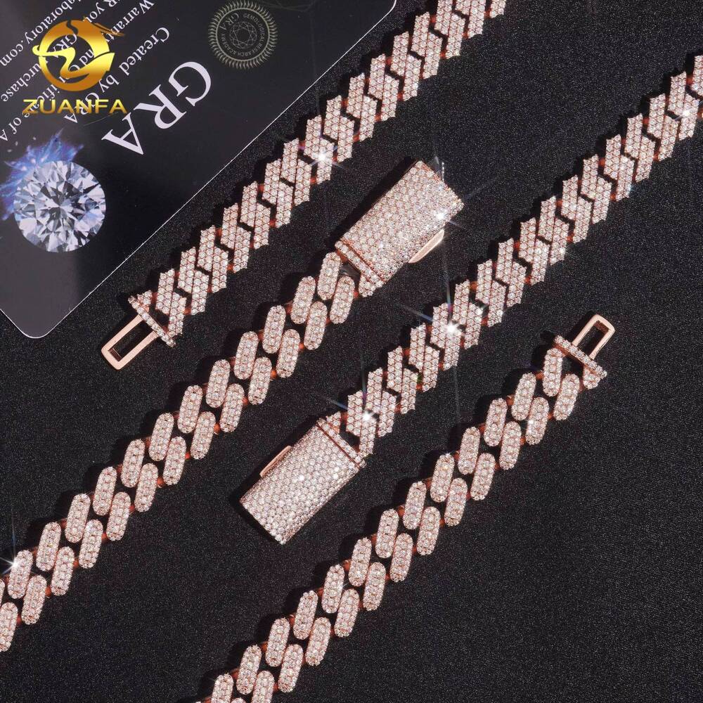 Zuanfa Jewelry 10mm Moissanite Chain Cuban Links Prong Chain 925 Silver Oval Shape Cuban Link Chain Necklace Rose Gold Plated