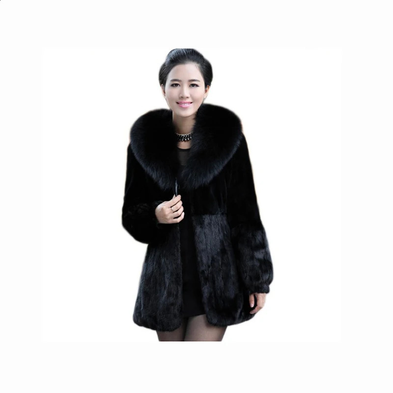 women winter long style 100 rabbit fur coat with fox fur collar Warm thick rabbit fur jacket Female fur coat 251027