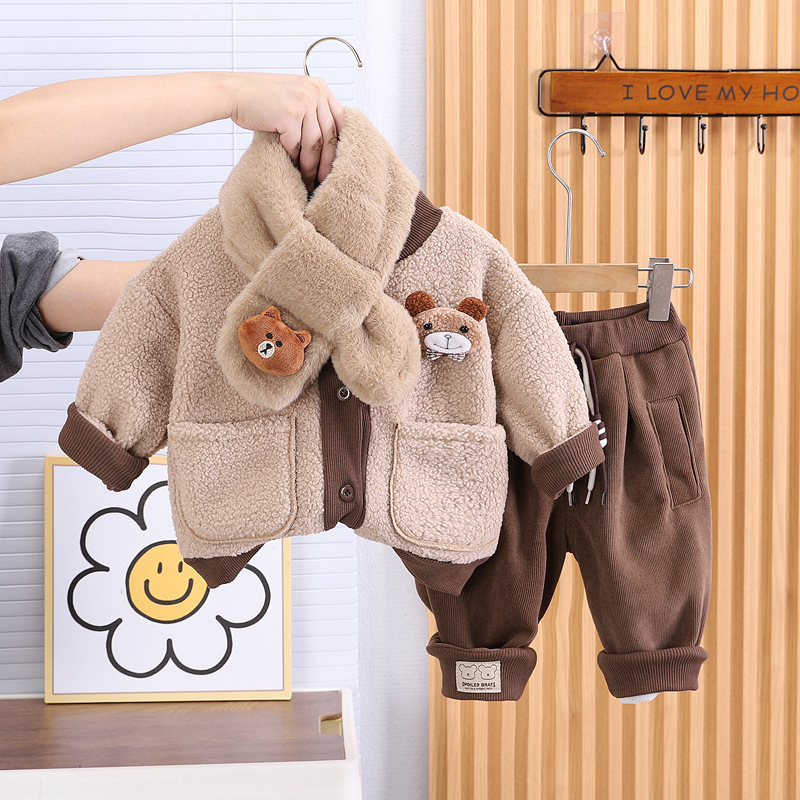 Free Shipping 2025 Baby Boy Winter Outfit, Fleece-Lined Bear Print 2-Piece Set with Scarf, Warm Animal Themed Clothes for Infant