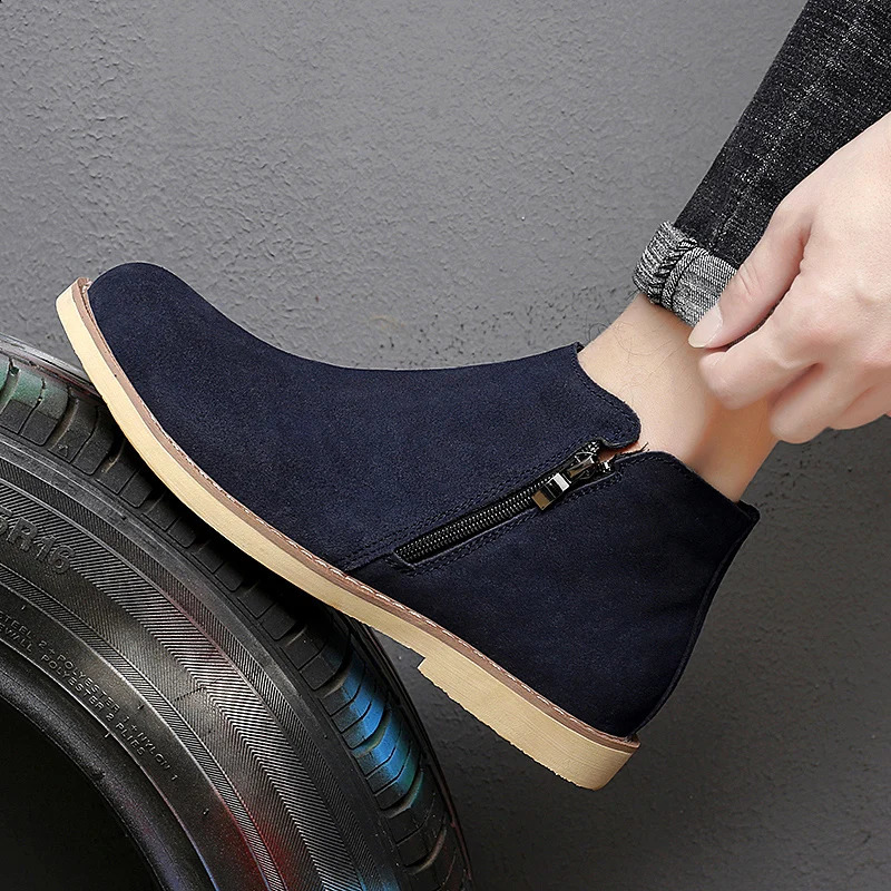 Vintage Basic Sand Color Men Suede Chelsea Boots Natural Leather Zip Pointed Toe Formal Ankle Boots Men Wood Zapatillas Hombre 251023