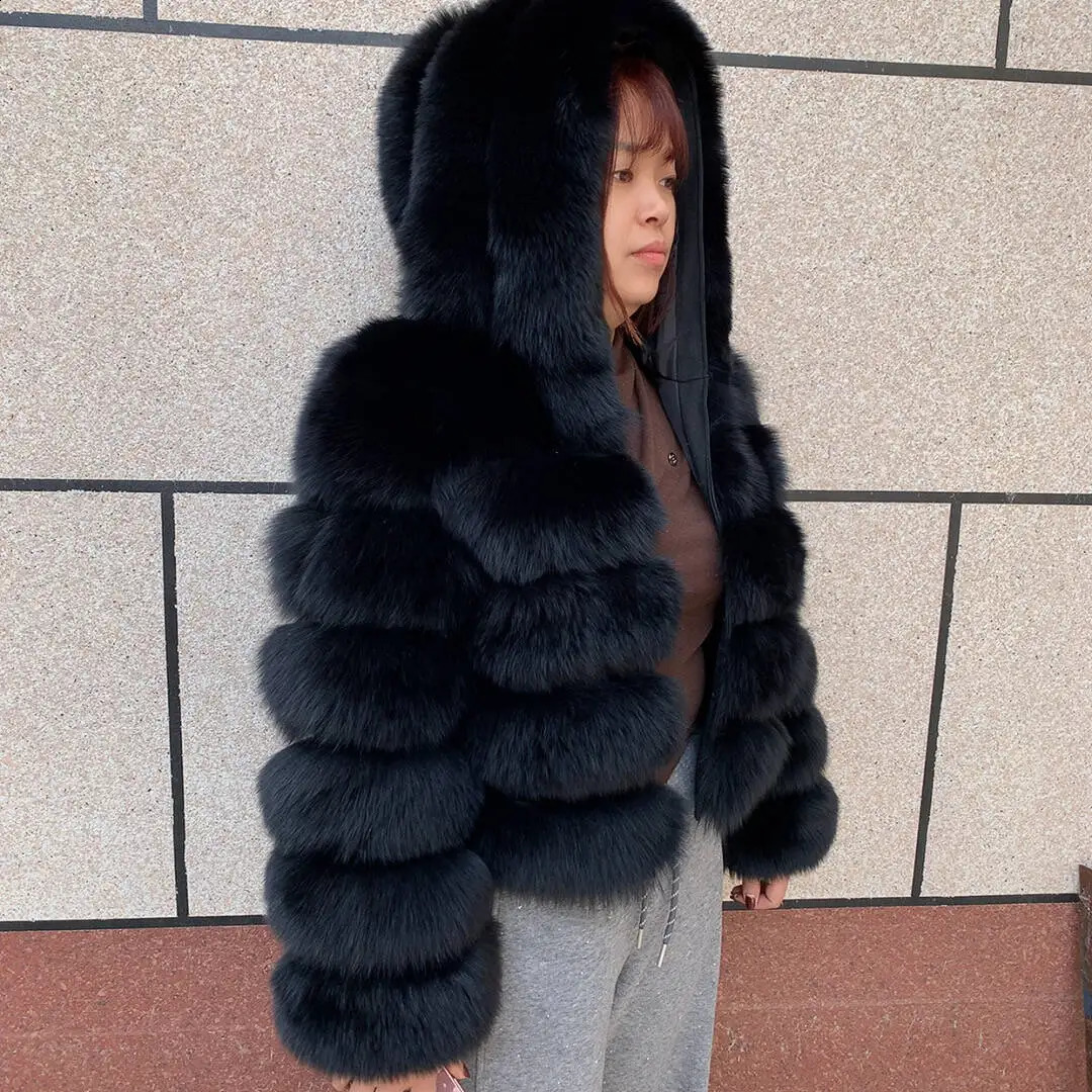 Womens raccoon hooded fur coat and natural fox fur hooded coat winter warm coat fashionable and fluffy 251027