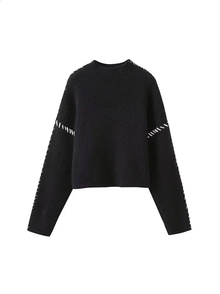 Womens Pullover Knit Top Patchwork Clash n Turtleneck Sweater Crew Neck Black Basic Warm Womens 251027