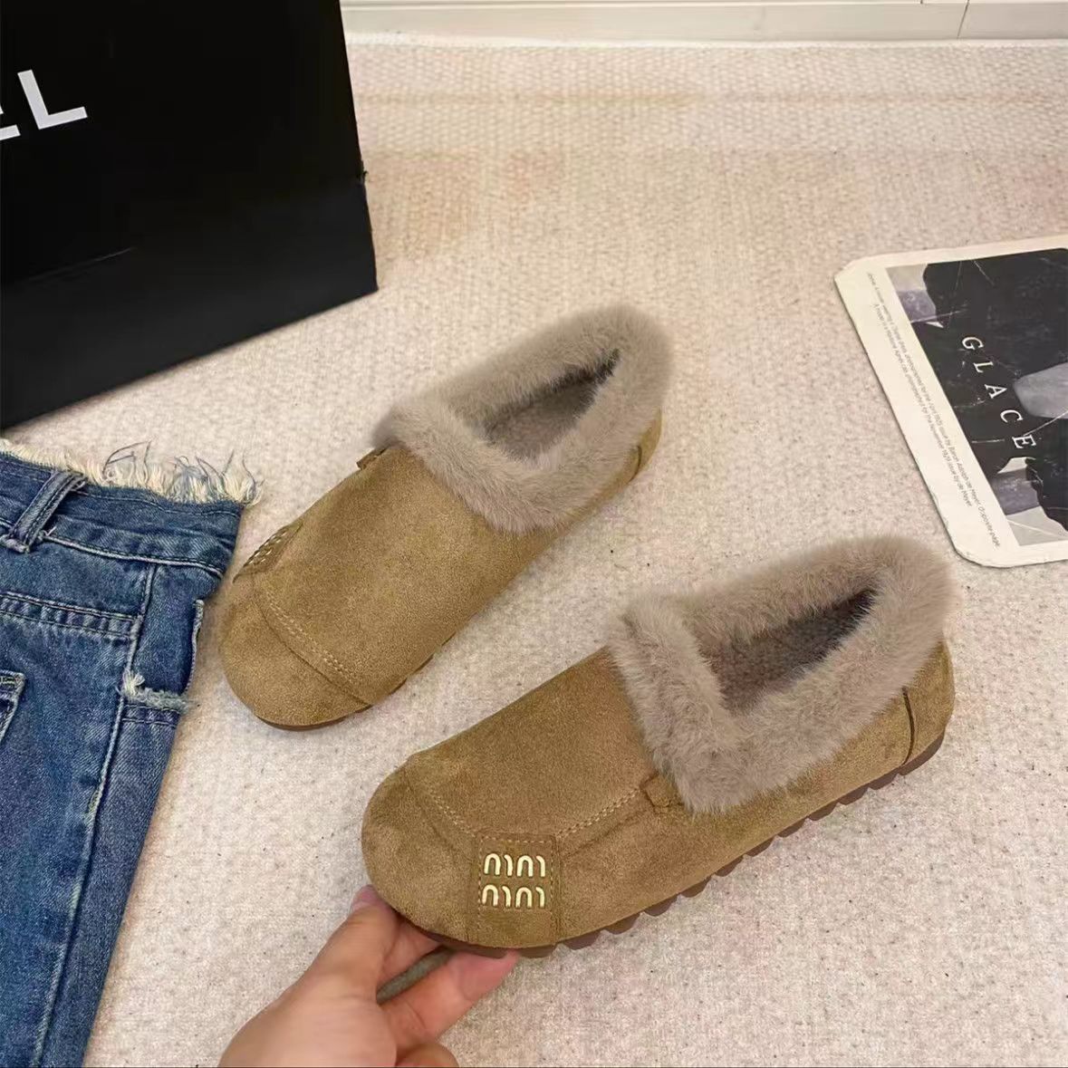 Free Shipping Women's Fleece-Lined Casual Shoes 2025 Fall/Winter New Arrival Outerwear Anti-Slip Low Heel Soft Sole Warm Cotton Boots Khaki Camel