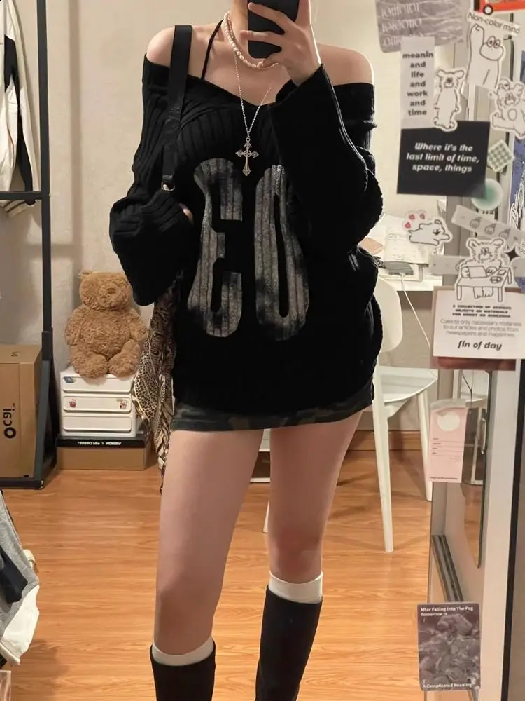Fashion Letter Print Knitted Pullover Off Shoulder Sweaters Mujer 2025 Early Autumn Black Top Women Academia American 251027