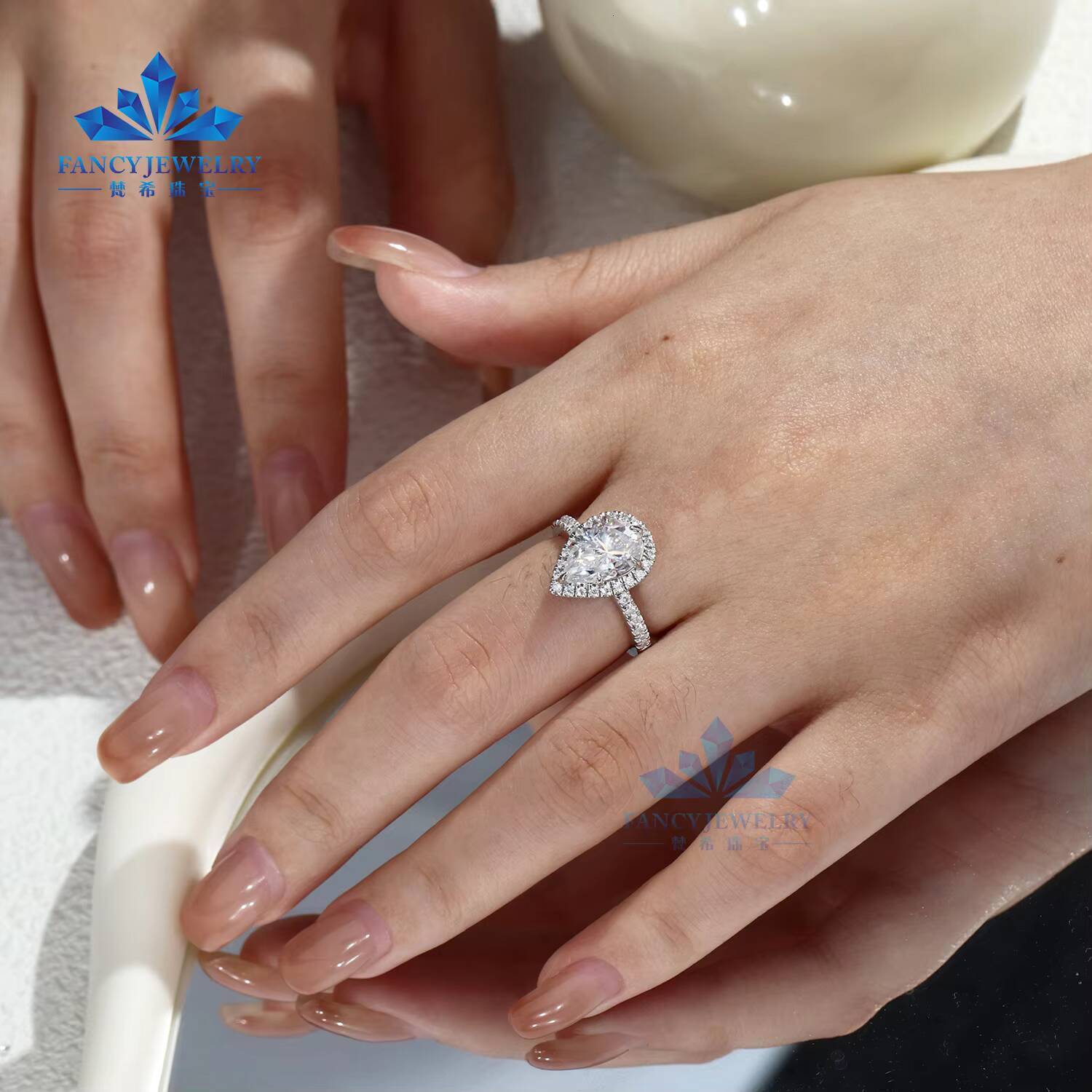 Custom 1CT5CT Pear Cut Moissanite Halo Ring Pass Diamond Tester 925 Silver 14K 18K White Gold Diamond Rings for Wedding