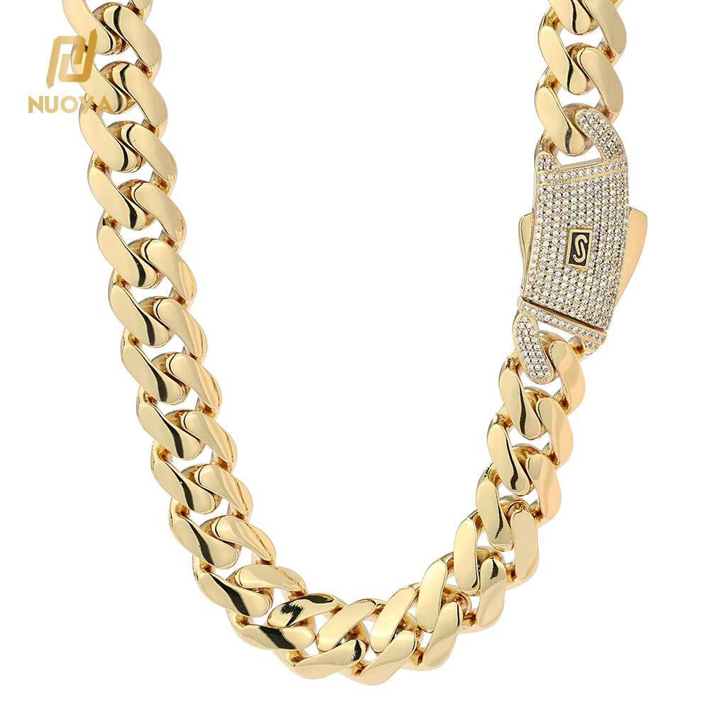 14K Gold Plated Thick Solid Cuban Link Chain Hip Hop Jewelry Iced Diamond Clasp Flat Miami Cuban Link Necklace for Men