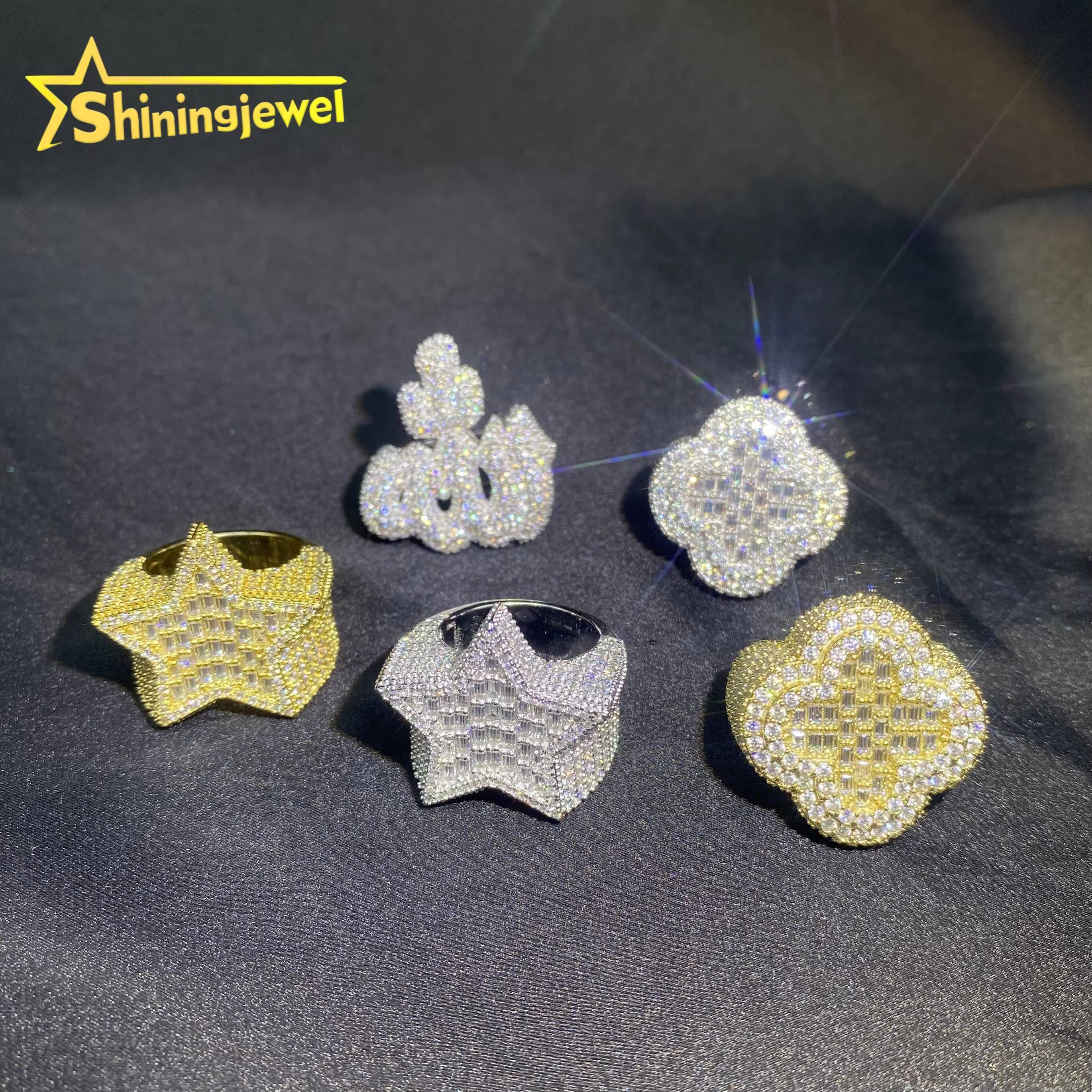 Fashion Star Ring Baguette Hip Hop Style Iced Out VVS Moissanite Jewelry Custom 925 Sterling Silver Diamond Clover Allah Rings