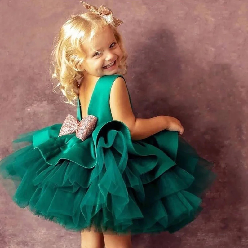 Bow Cute Girls Christmas Party Princess Dresses Backless Elegant Kids Wedding Birthday Gala Dress Green Xmas Evening Ball Gown 251023