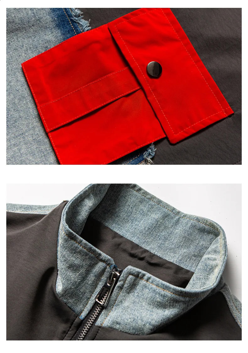 Mens High Street Hip Hop Jeans Jacket With Patchwork Fashion Streetwear Patched Denim Coat Embroidery Baggy Y2K Outerwear 251017