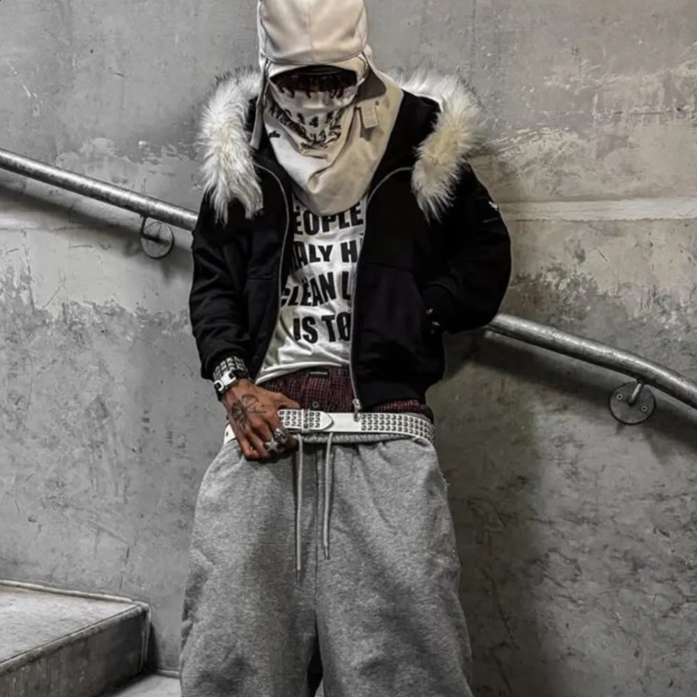 Y2K Retro Zip up Hoodie Faur Collar Harajuku Streetwear Hip Hop Zipper Sweatshirt Hoodies Unisex Rock Goth Loose Punk EMO Jacket 251027