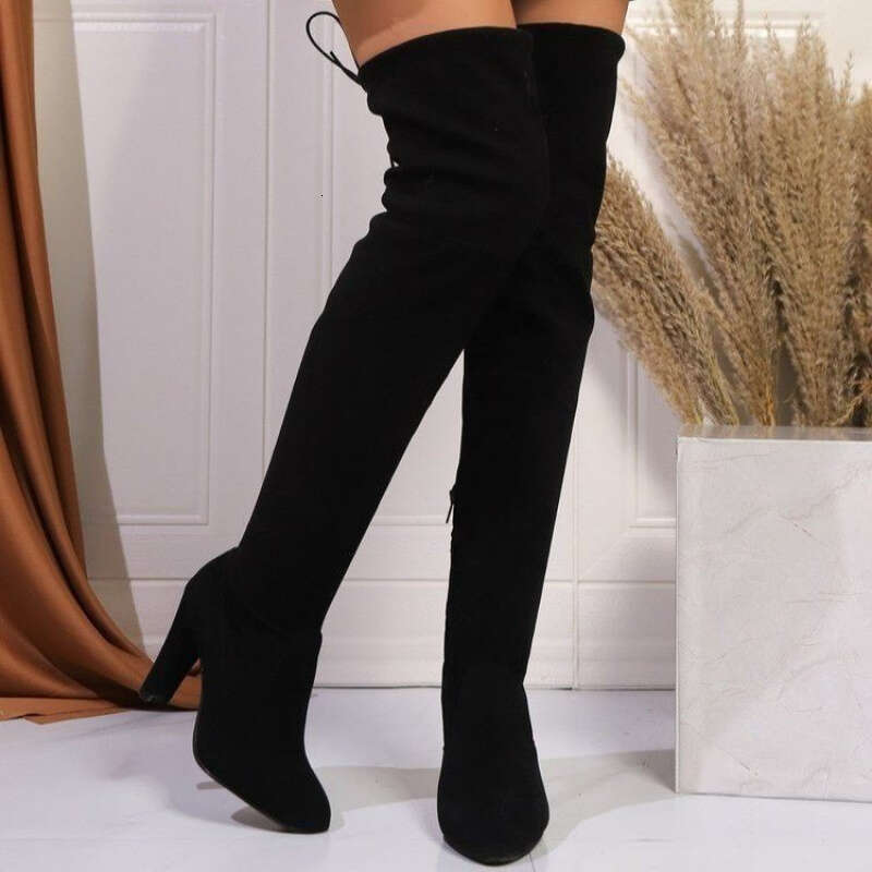 Women's Over-The-Knee OTK Ultra-High Chunky Heel Gothic/Party Zipper Closure, Pointed Toe PU Sole Elegant All-Black Everyday Women Comfortable Du