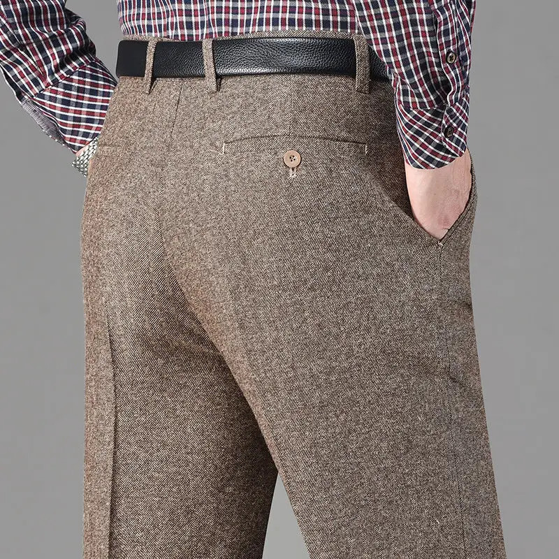 Vintage Autumn Winter Thicken Wool Fleece Suit Pants Men Middle Age High Waist Straight Loose Business Casual Trousers 251027