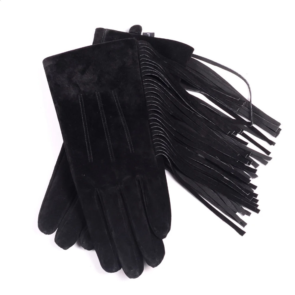 2025 Winter Lady Genuine Leather Pigskin Suede Tassel Short Gloves Women Mujer Nubuck Warm Velvet Punk Show Purple Classic Luvas 251027