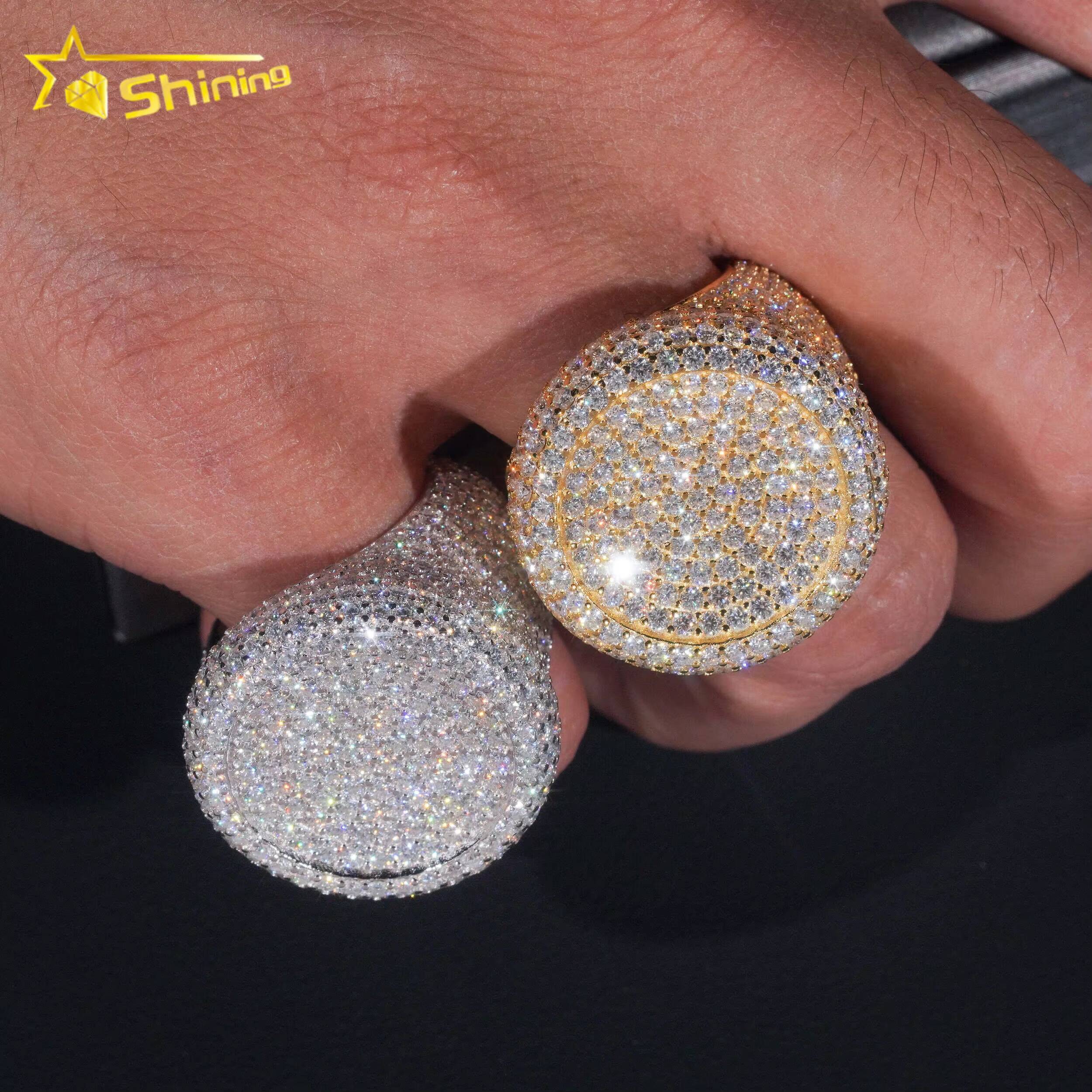 Stock Pass Diamond Tester Hip Hop Jewelry 925 Silver Fully Iced Bubble Edge Round Diamond Moissanite Men Ring Pinky Ring