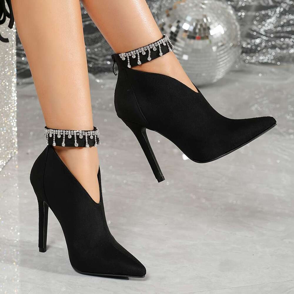 923-89 Zipper Chain Decorative Pointed Toe 4.33Inch Sexy Slim Ultra-High Heel Fashion Ankle Boots Nude 35-42