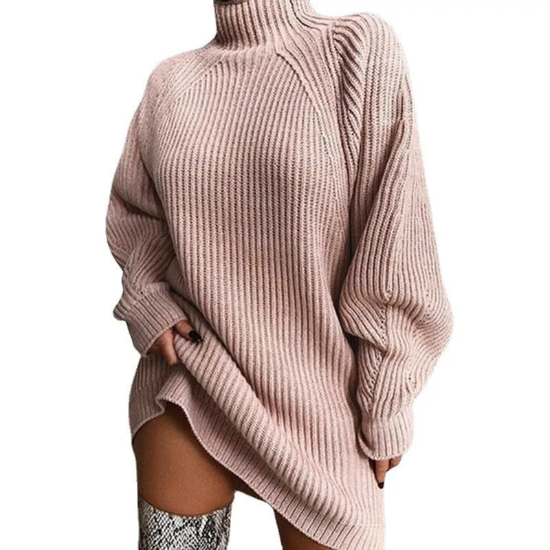 Women Turtleneck Sweater Dress Autumn Solid Long Sleeve Casual Elegant Mini Oversized Knitted Dress Winter Clothes 251027