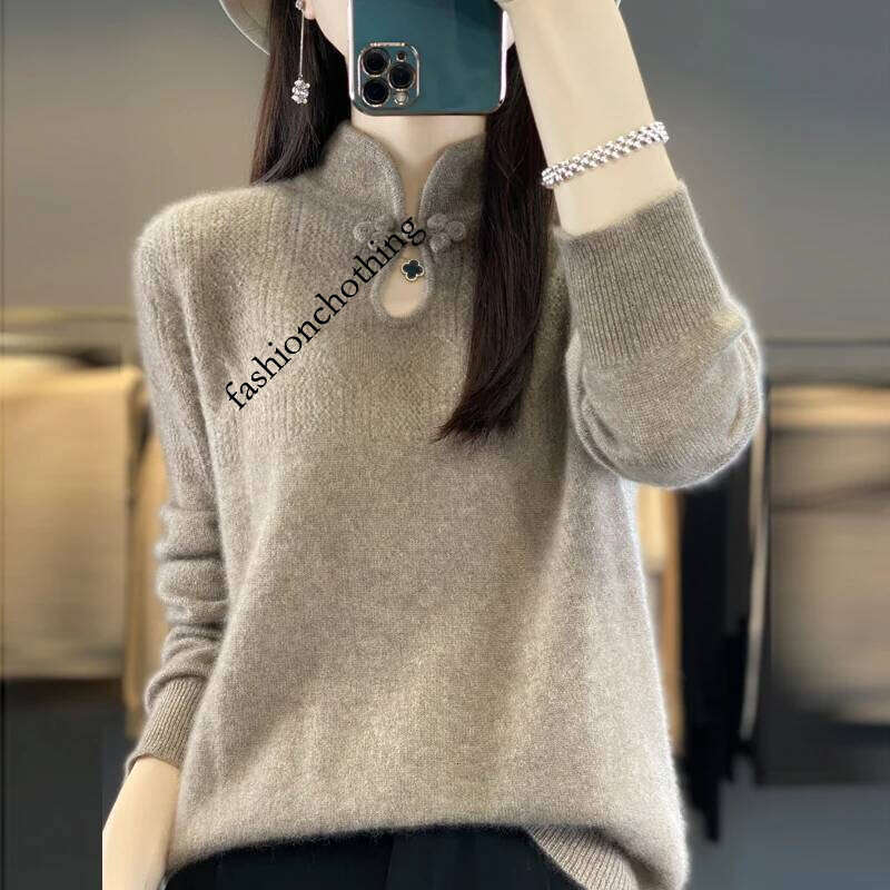 Women 100% Merino Wool Sweater Autumn Winter Stand-up Collar Warm Pullover Chinese Style Buckle Cashmere Knitwear Bottoming Tops