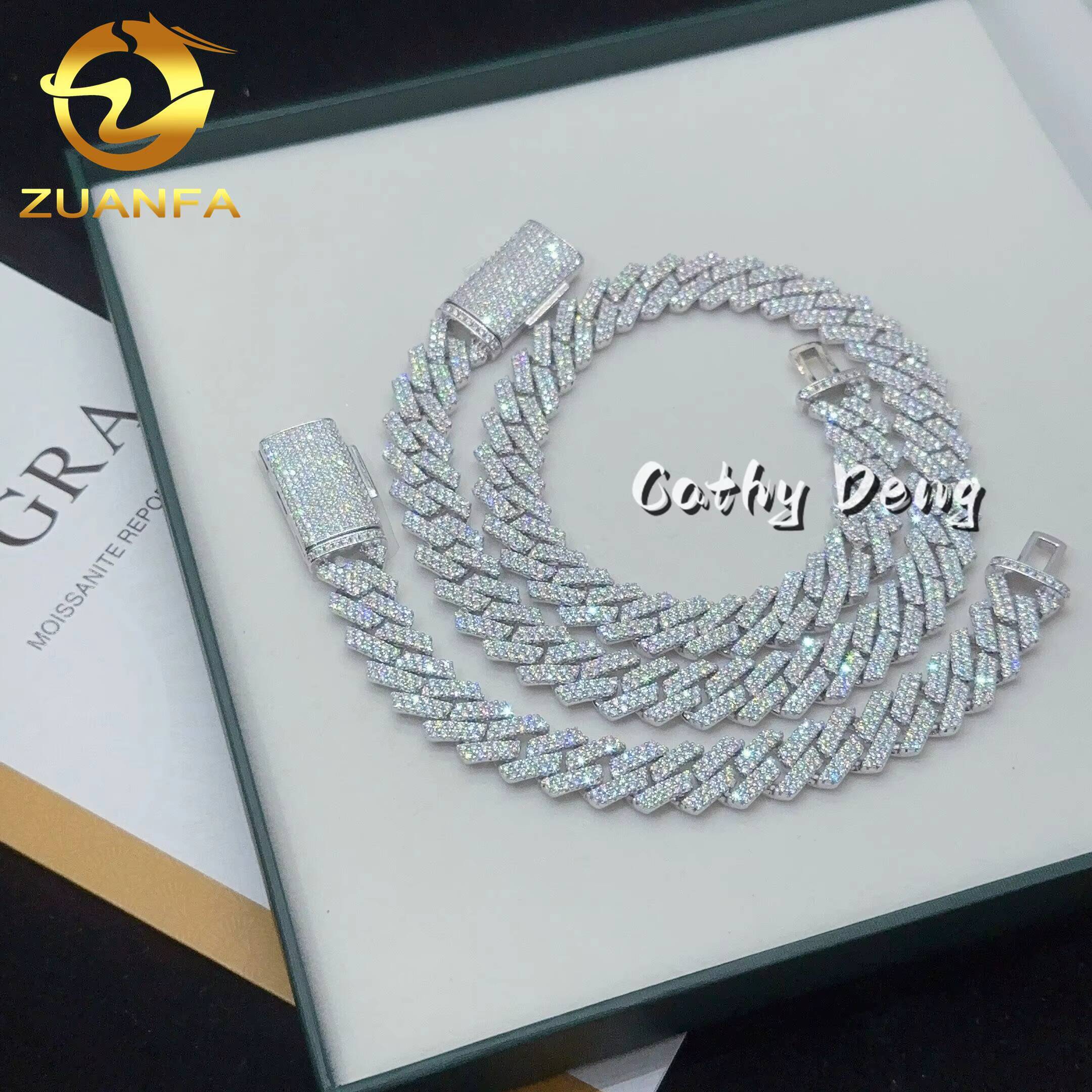 Ready to Ship 13mm Cuban Link Chain Moissanite Hip Hop Jewelry 925 Silver Iced Out Cuban Chain Necklace With GRA Certificate