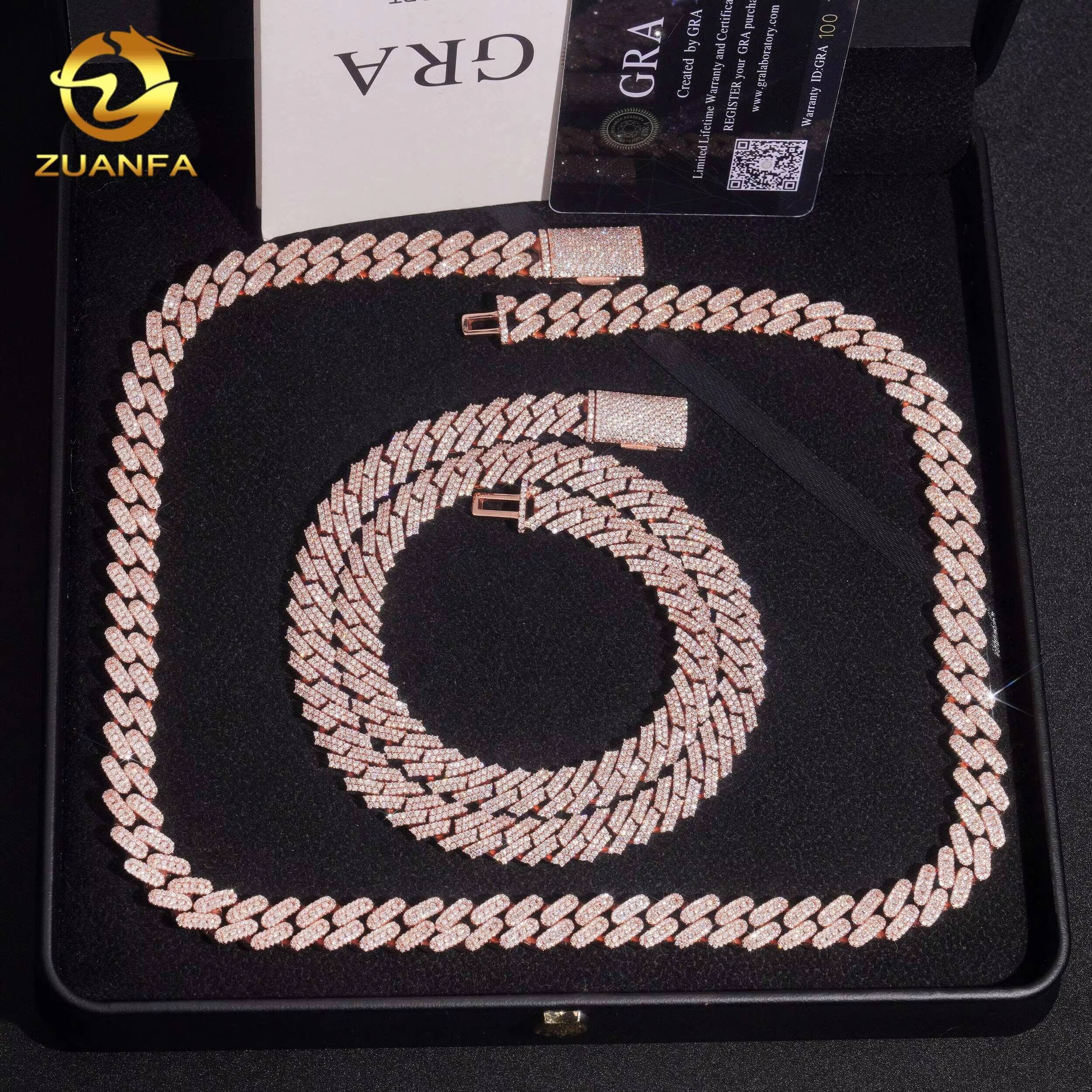 Zuanfa Jewelry 10mm Moissanite Chain Cuban Links Prong Chain 925 Silver Oval Shape Cuban Link Chain Necklace Rose Gold Plated