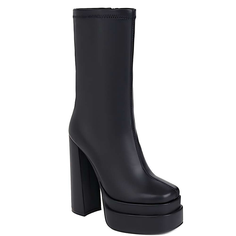 Elegant Women's White Platform Ankle - Chunky Heels With Square Toe, Side Zipper, PU Cover, Perfect For Winter Dress-Up Ocns, Casual Chic Boots|C