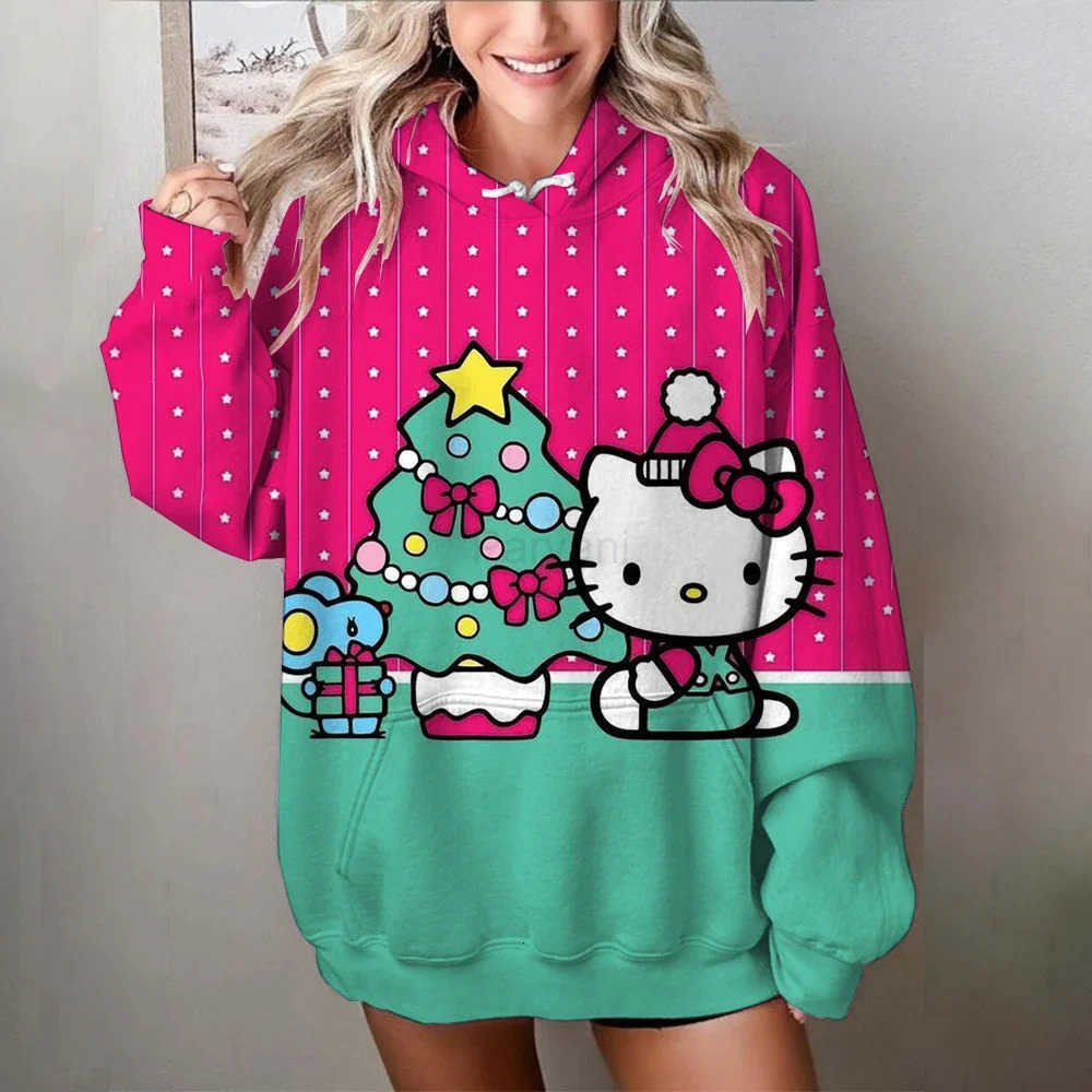 Sanrio Hello Kitty Kuromi New Autumn Christmas Cartoon Printed Hoodie Pullover Fashion Casual Cute Womens Clothing Girl Long Sleeved L251028
