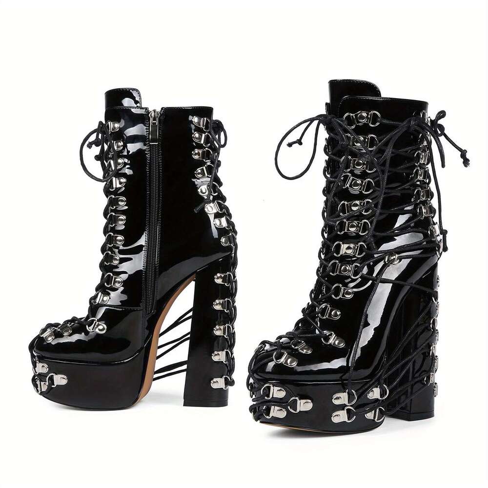Women's Platform High-Heels With Ankle-Strapping Metal Buckles Glossy Black Gothic Non-Slip Rubber Sole For Parties, Events, Everyday - All-Seaso
