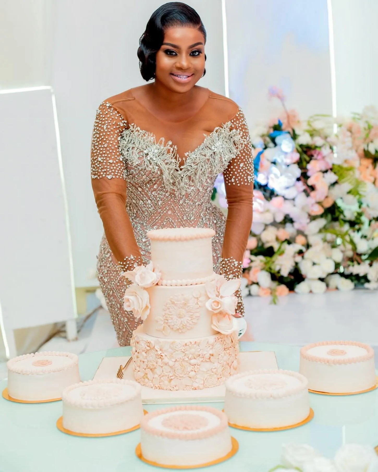 Arabic Aso Ebi Plus Size Mermaid Wedding Dress in Blush Pink with Crystals Beaded Sheer Neck Tiers and Luxurious Vintage Style