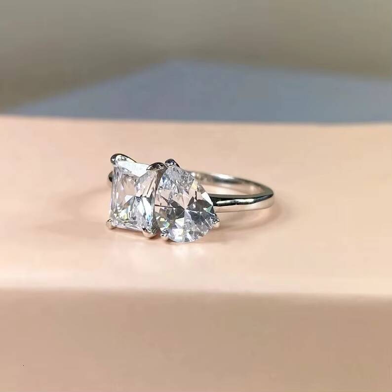 Goldleaf Jewellery 14k Solid Yellow Gold Double Stone Wedding Ring Rectangle Cut Pear Cut D VVS Moissanite Bride Ring Engagement