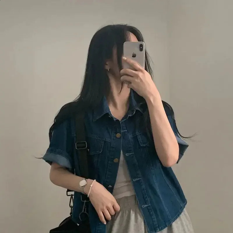 Korean Style Short Sleeve Denim Jacket Thin Outerwear Summer Vintage Womens Top Layered Clothing Cotton Material 251015