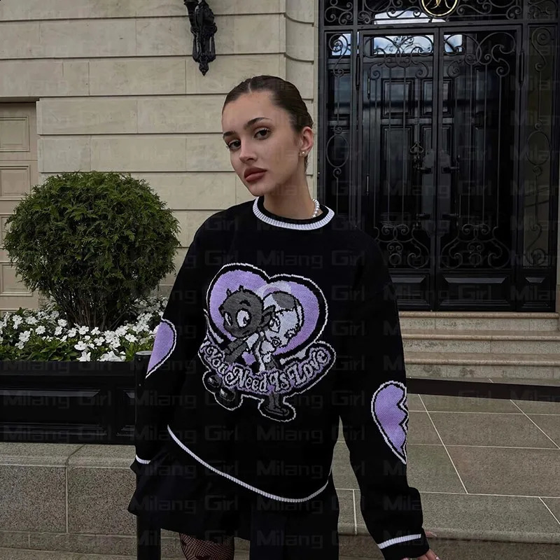 Oversize Sweater Women Y2k letter graphics Tops Long Sleeve Jumper Knitted Autumn Korean Goth Grunge Harajuku Pullover Clothing 251027