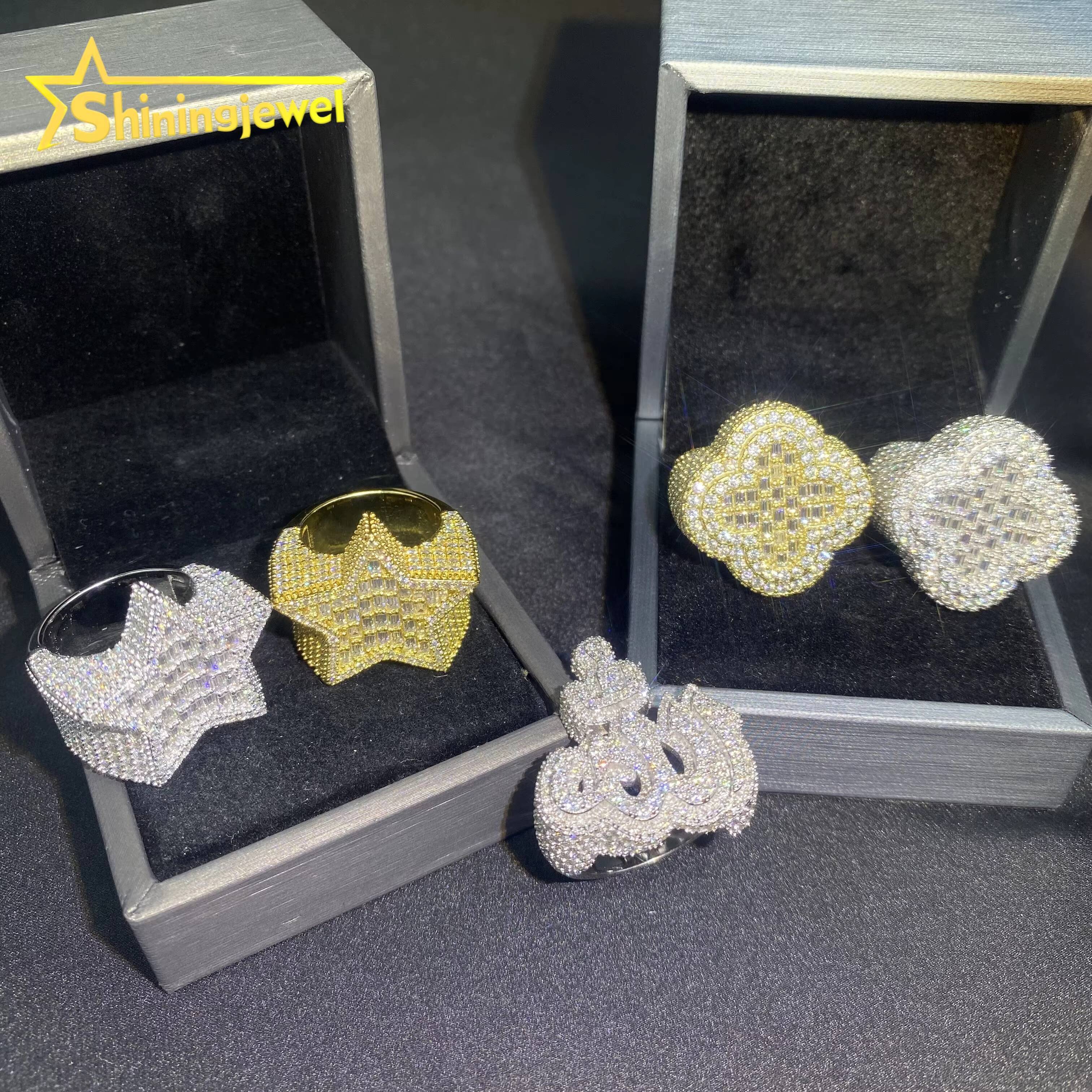 Fashion Star Ring Baguette Hip Hop Style Iced Out VVS Moissanite Jewelry Custom 925 Sterling Silver Diamond Clover Allah Rings