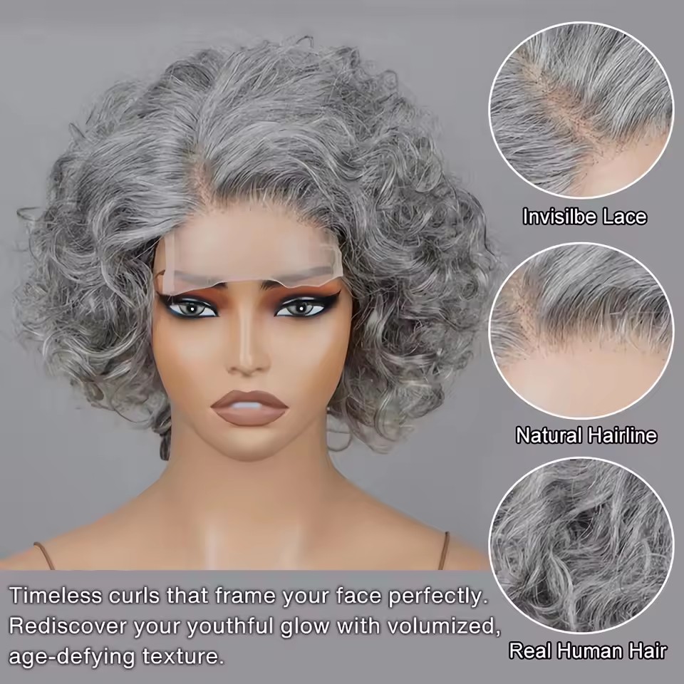 Timeless Throw On & Go Salt And Pepper Wig machine made none lace Loose wavy Curly raw Human Hair Glueless Wigs For Older Elegant Women Over 50