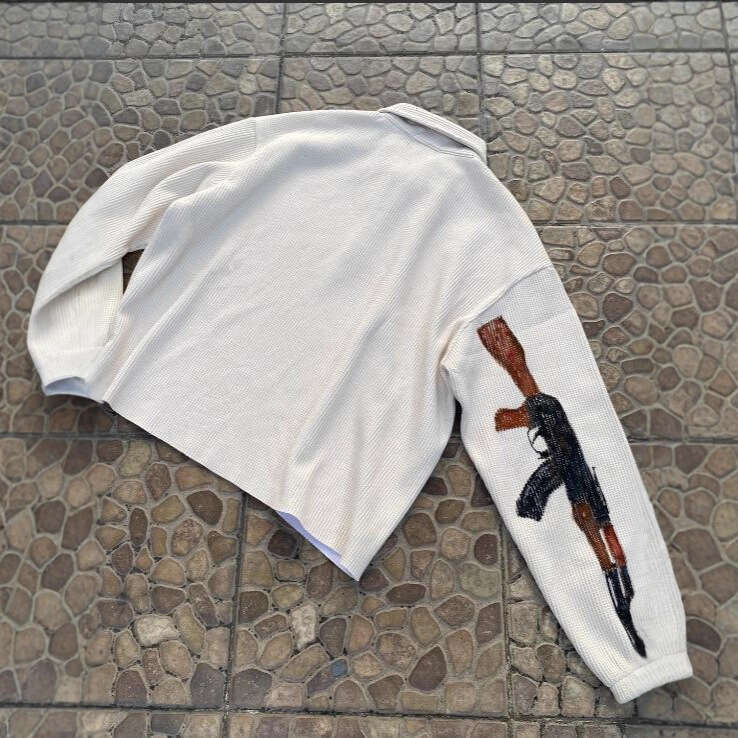 American Street Style Autumn Winter Unisex Loose Gun Letter Print Pattern Fashion Jacket