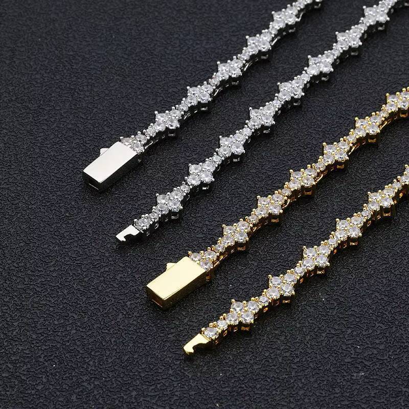 HipHop Mens Womens 925 Sterling Silver VVS Moissanite Diamond Clover Cross Tennis Chain Bracelet Necklace Elegant Bangle