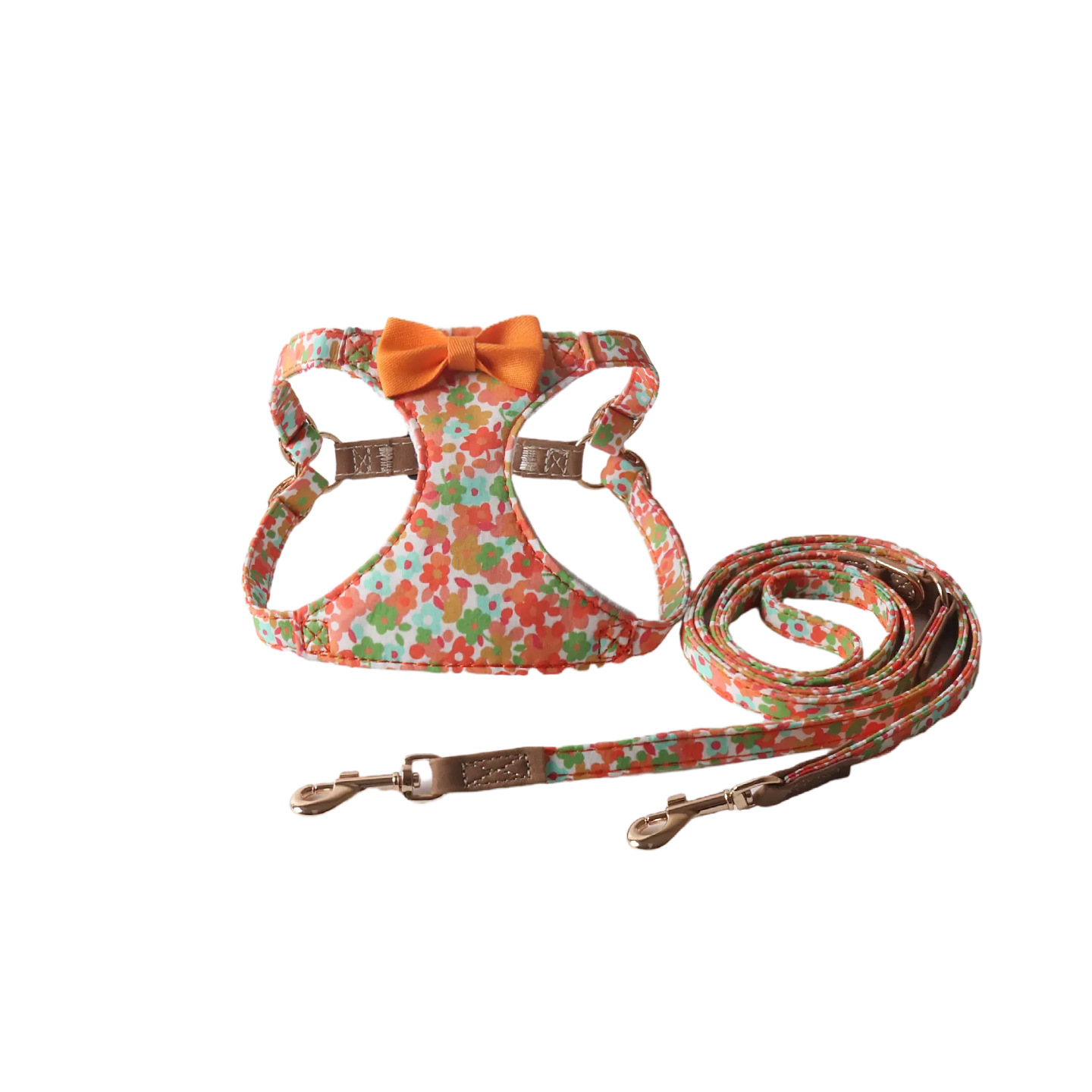 Fashion Floral Pattern Pet Harness Leash Set with Bowknot, Adjustable & Durable,Stylish Walking Gear, Comfortable Pet Vest Harness with Leash for Smal