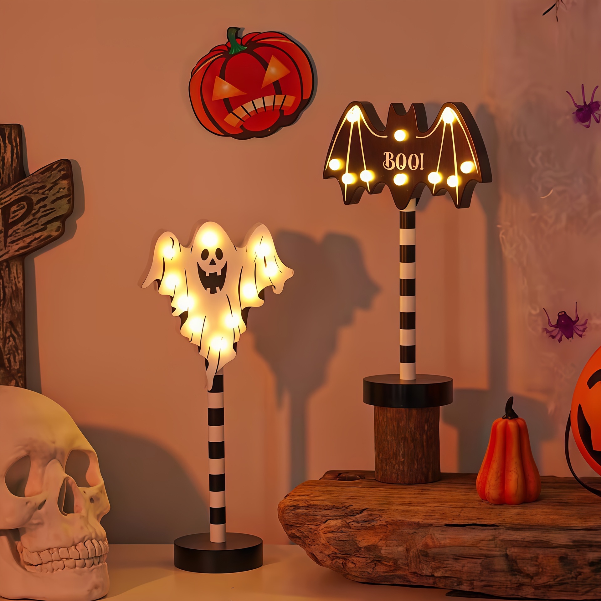 Halloween LED Decorative Table Lamp, Wooden Pumpkin/Bat/Ghost/Skull Shaped Warm Light Ornament, Battery-Powered Halloween Decoration Light165--072301